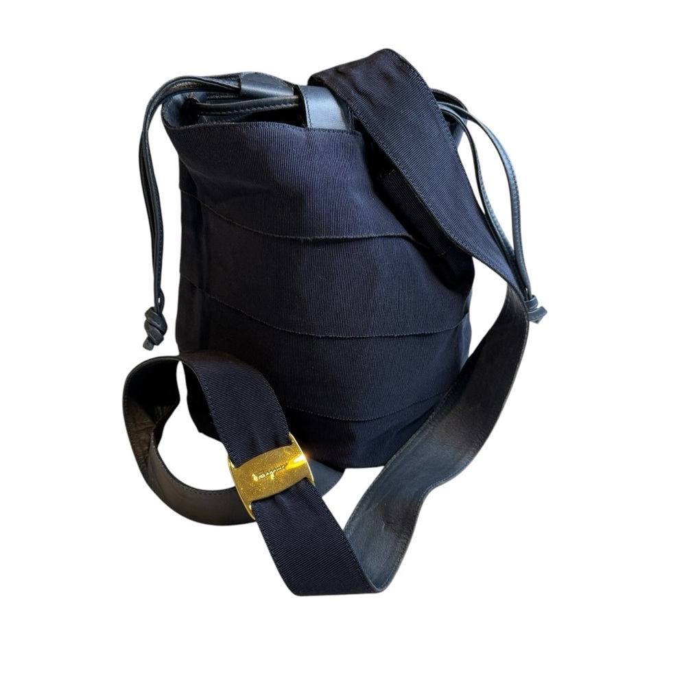 SALVATORE FERRAGAMO Bucket Bag Handbag Purse Tiered Grosgrain Navy Blue Gold